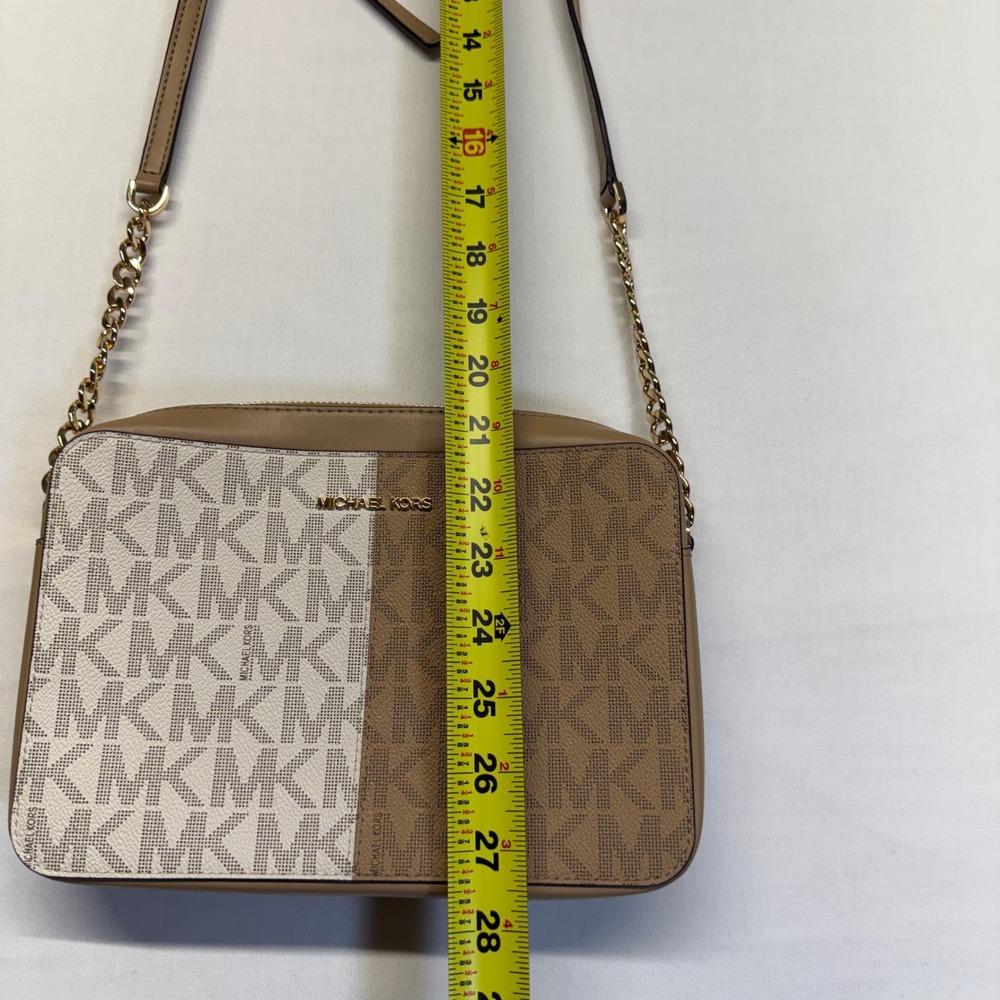 Michael Kors Neutral Colorblock MK Logo Crossbody Chain Purse Vanilla Camel - Picture 11 of 11